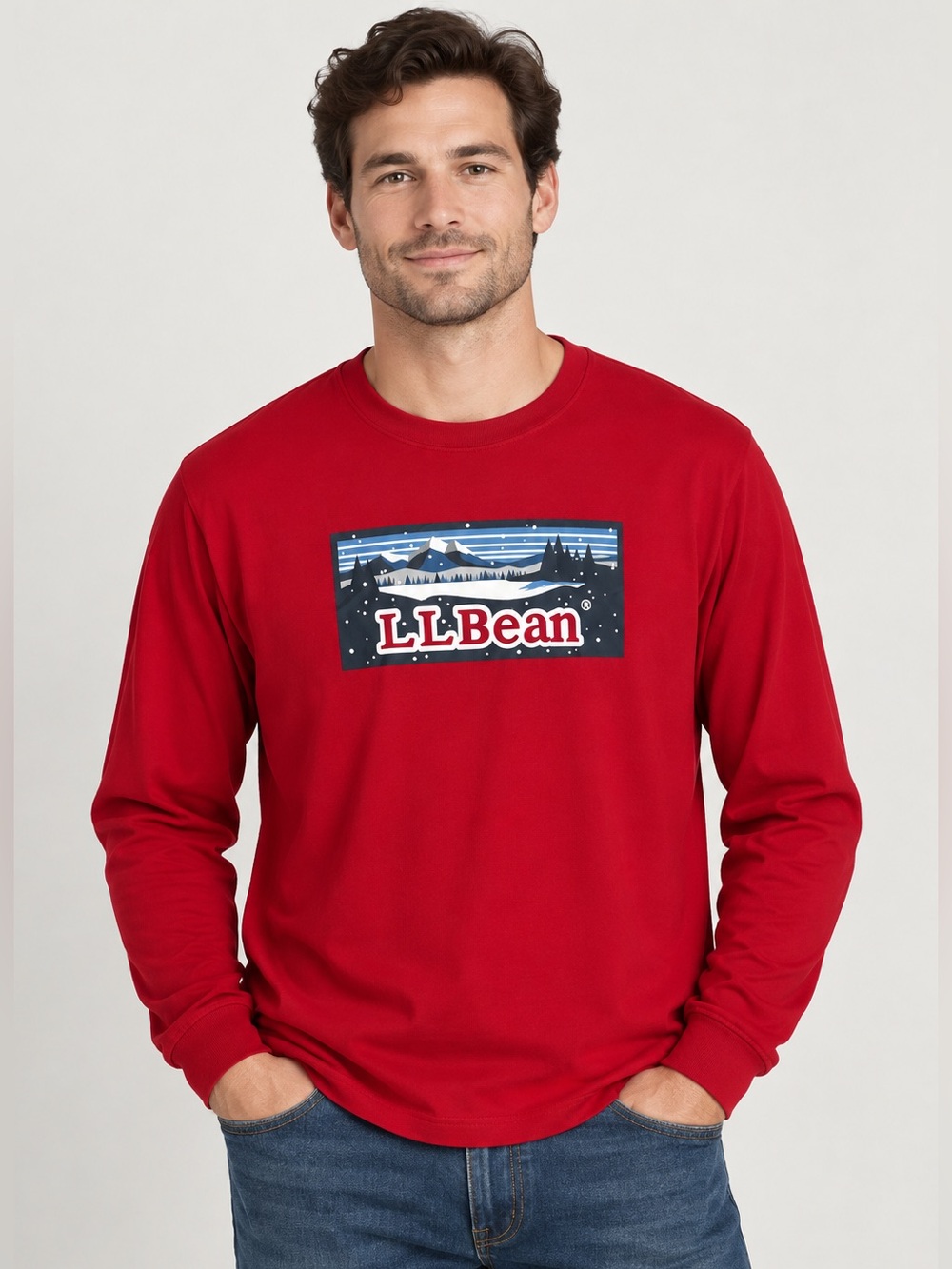 L.L.Bean Red Mountain Graphic Long Sleeve Logo Tee 100% Cotton Large 22x29